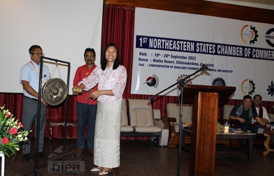 Advisor Hekani Jakhalu opening the Business Session of the Conclave by beating the gong at Niathu Resort, Chumoukedima on 19th September, 202.(DPRO Dimapur)